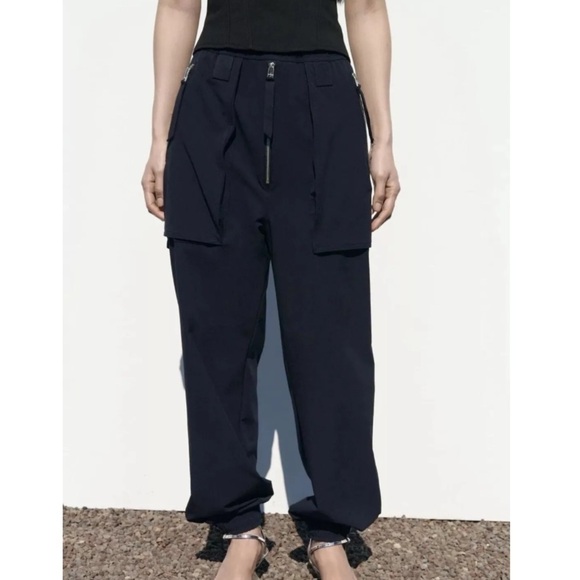 Zara Cargo Trousers With Zips Blue NWT - Picture 4 of 12
